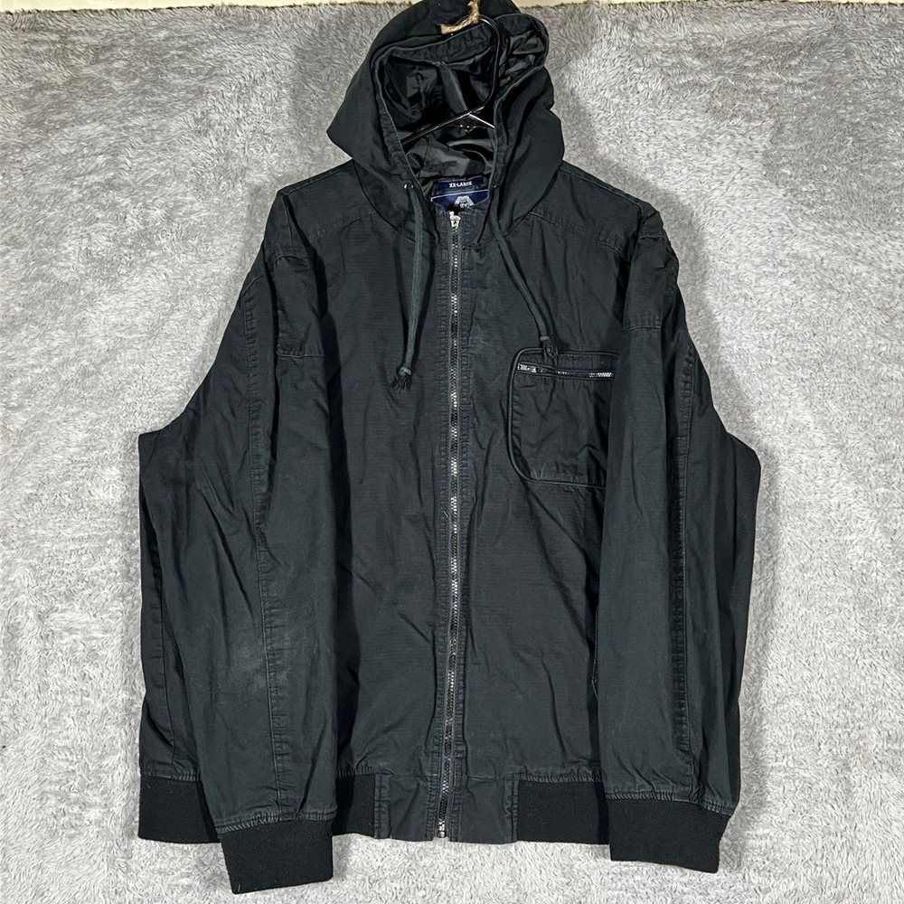 American Rag Mens Black Ripstop Hooded Bomber Jacket XXL Full Zip Cotton Shell